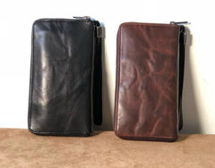 Genuine Leather Mens Cool Long Leather Wallet Zipper Clutch Wristlet Wallet for Men
