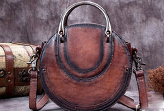 Genuine Leather Handbag Vintage Circle Bag Shoulder Bag Crossbody Bag Purse For Women - EverHandmade