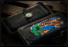 Handmade Leather Tooled Carp Mens Chain Biker Wallet Cool Leather Wallet Long Phone Wallets for Men