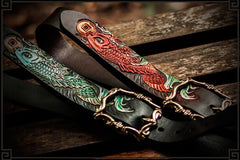Handmade Leather Tooled Carp Mens Belt Cool Leather Men Belt for Men