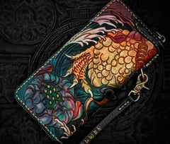 Handmade Leather Tooled Carp Mens Chain Biker Wallet Cool Leather Wallet Long Phone Wallets for Men