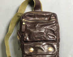 Genuine Leather Mens Cool Chest Bag Sling Bag Coffee Crossbody Pack Sling Pack for men