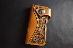 Tooled Handmade Leather Mens Long Biker Wallets Chain Wallet Biker Chain Wallets For Men