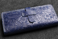 Handmade long leather wallet floral leather clutch wallet for women men zip - EverHandmade