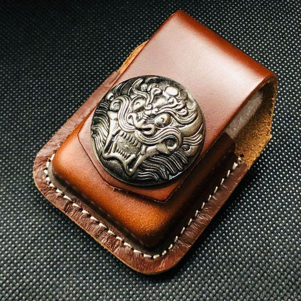 Brown Handmade Leather Mens Chinese Lion Zippo - Back View