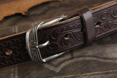 Genuine Leather Punk Rock Biker Tooled Floral Trucker Mens Belt Men Black Coffee Belt for Men