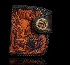 Handmade Leather Tooled Chinese Dragon Biker Wallet Mens Cool billfold Chain Wallet Trucker Wallet with Chain