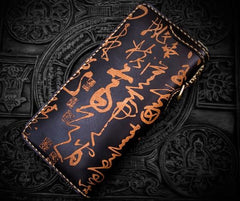 Handmade Leather Mens Chain Chinese Handwriting Biker Wallets Cool Leather Wallet Long Phone Wallets for Men