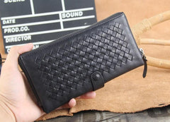 Genuine Leather Mens Cool Braided Wallet Long Leather Wallet Clutch Wristlet Wallet for Men