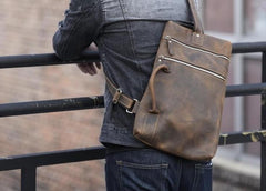 Genuine Leather Mens Cool Chest Bag Sling Bag Crossbody Bag Travel Bag Hiking Bag for men