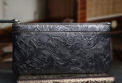 Handmade long leather wallet zipper flowral leather clutch wallet for men women