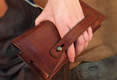 Handmade Genuine Leather Mens Cool Long Wallet Wristlet Bifold Clutch Wallet for Men