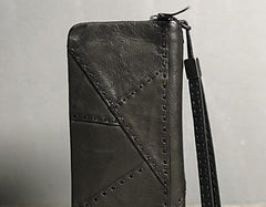 Handmade Genuine Leather Mens Cool Long Leather Wallet Biker Wallet Zipper Clutch Wristlet Wallet for Men