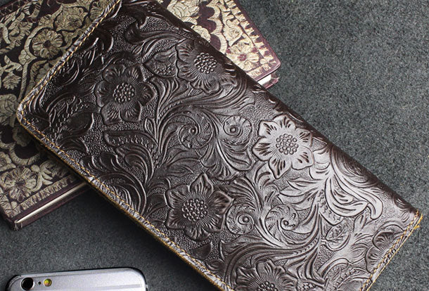 Handmade long leather wallet floral passport leather clutch wallet for women men zip - EverHandmade