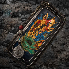 Handmade Leather Carp Mens Chain Biker Wallet Cool Leather Wallet Long Phone Wallets for Men