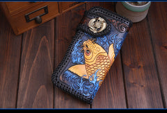 Handmade Leather Long Black Biker Wallet Leather Chain Wallet Men Red Carp Tooled Wallets - EverHandmade