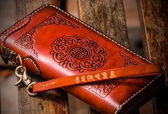 Handmade leather brown biker wallet clutch zip long wallet leather men phone - EverHandmade
