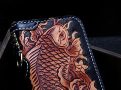 Handmade Leather Tooled Carp Mens Chain Biker Wallet Cool Leather Wallet Zipper Long Phone Wallets for Men