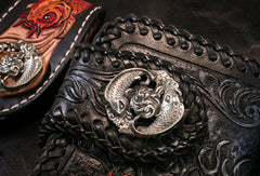 Handmade Leather Long Black Biker Wallet Trucker Wallet Leather Chain Men Red Carp Tooled Wallet - EverHandmade