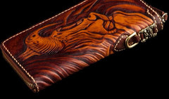 Handmade Leather Mens Tooled Buddha&Demon Chain Biker Wallet Cool Leather Wallet Long Clutch Wallets for Men