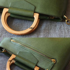 Green Leather Handbags Wooden Top Round Handle Satchel Bag - Annie Jewel