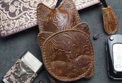 Handmade Car Key Wallet Vintage Leather Wallet Cat Kitty Cute Carved Floral Leather Accessories Gift For Men Women - EverHandmade