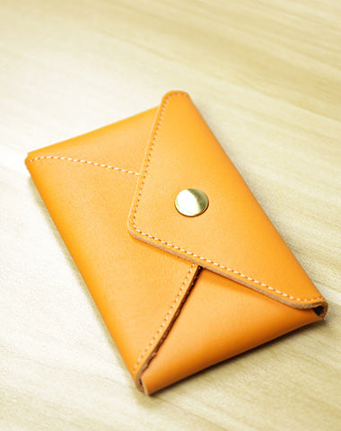 Slim Women Orange Leather Card Wallet Minimalist Envelope Card Holder Wallet Coin Wallet For Women