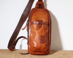 Genuine Brown Leather Mens Cool Chest Bag Sling Bag Brown Crossbody Pack One Shoulder Backpack for men