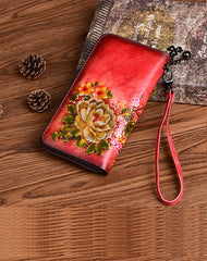 Vintage Flowers Red Leather Wristlet Wallet Womens Zip Around Wallets Flowers Ladies Zipper Clutch Wallet for Women