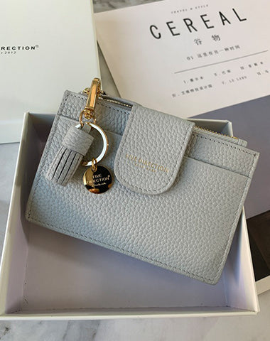 Cute Women Gray Leather Slim Keychain with Card Wallet Card Holder Wallet Change Wallet For Women