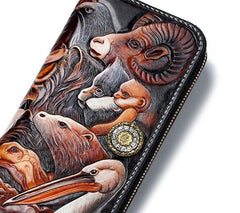 Handmade Leather Tooled The Animals Mens Chain Zipper Biker Wallet Cool Leather Wallet Long Phone Wallets for Men