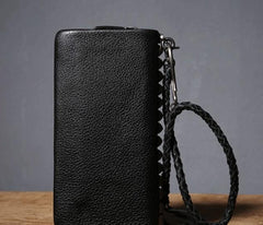 Genuine Leather Mens Cool Biker Chain Wallet Long Leather Wallet Clutch Wristlet Wallet for Men