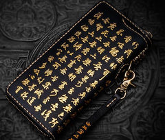 Handmade Leather Mens Chinese Handwriting Biker Chain Wallet Cool Leather Wallets Long Wallets for Men