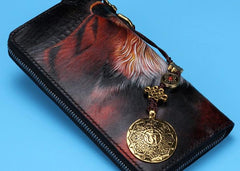 Handmade Leather Tooled Tiger Mens Chain Biker Wallet Cool Leather Wallet Long Clutch Wallets for Men