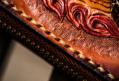Handmade leather God Mahakala billfold biker wallet clutch zip wallet brown tooled - EverHandmade
