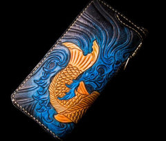 Handmade Leather Men Tooled Carp Cool Biker Leather Wallets Long Chain Wallets for Men