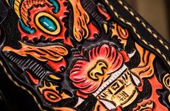 Handmade Leather Mens Tooled Monster Chain Biker Wallet Cool Leather Wallet Long Clutch Wallets for Men