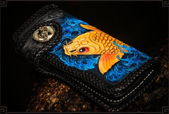 Handmade Leather Tooled Carp Mens Biker Chain Wallet Cool Leather Wallet Long Phone Wallets for Men