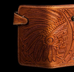 Handmade Leather Skull Indian Chief Tooled Mens billfold Wallet Cool Chain Wallet Biker Wallet for Men