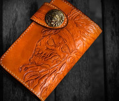 Handmade Leather Tooled Skull Indian Chief Biker Wallets Mens Cool billfold Chain Wallet Trucker Wallet with Chain