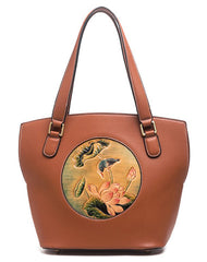 Handmade Womens Brown Leather Tote Handbag Purse Lotus Tote Bag for Women