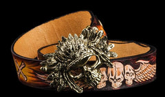 Handmade Cool Brown Leather Tooled Skull Mens Belt Leather Men Belt for Men