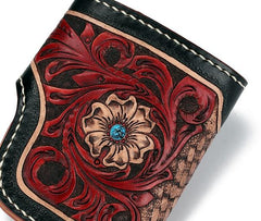 Handmade Leather Small Tooled Floral Mens billfold Wallet Cool Chain Wallet Biker Wallet for Men