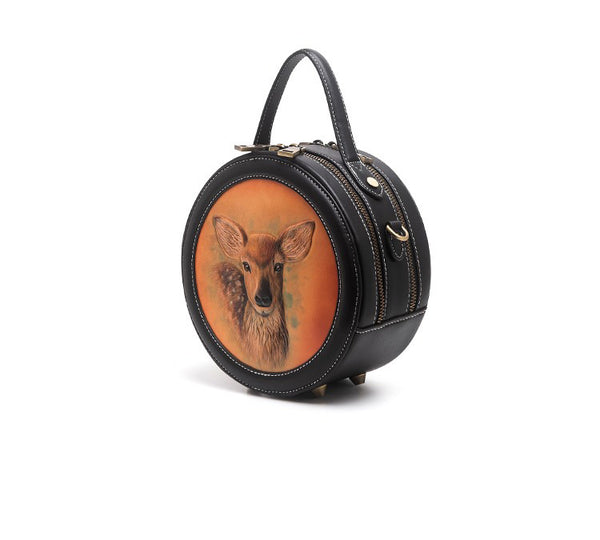 Handmade Womens Black Leather Round Handbag Purse Round Deer Crossbody Bag for W TPJ03291001