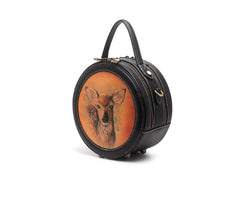 Handmade Womens Black Leather Round Handbag Purse Round Deer Crossbody Bag for Women