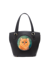 Handmade Womens Brown Leather Totes Handbag Purse Black Cat Tote Bag for Women