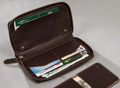 Coffee Leather Mens Zipper Long Wallet Passport Wallet Clutch Wallets for Men