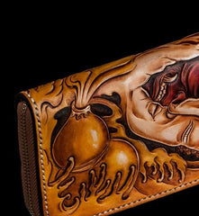 Handmade Mens Long Leather Wallet Cool Buddha&Demon Tooled Wallet Long Zipper Wallets for Men