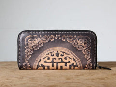 Handmade Genuine Leather Mens Cool Tooled Long Leather Wallet Bifold Clutch Wallet for Men