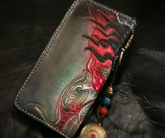 Handmade Leather Tooled Mahākāla Mens Chain Biker Wallet Cool Leather Wallet Long Clutch Wallets for Men